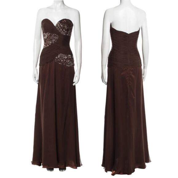 Jovani Strapless Pleated Sequence Full Length Evening Prom Gown Brown (16) - Picture 1 of 13